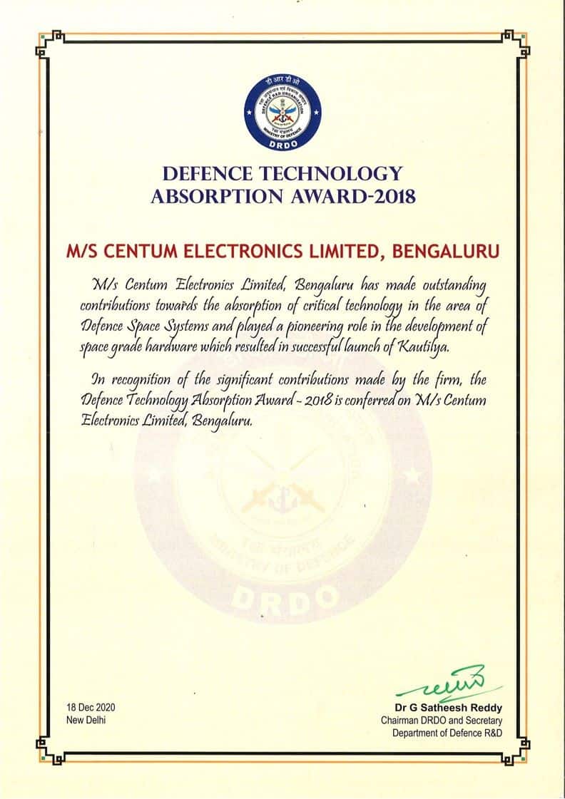 Centum receives the Defence Technology Award !